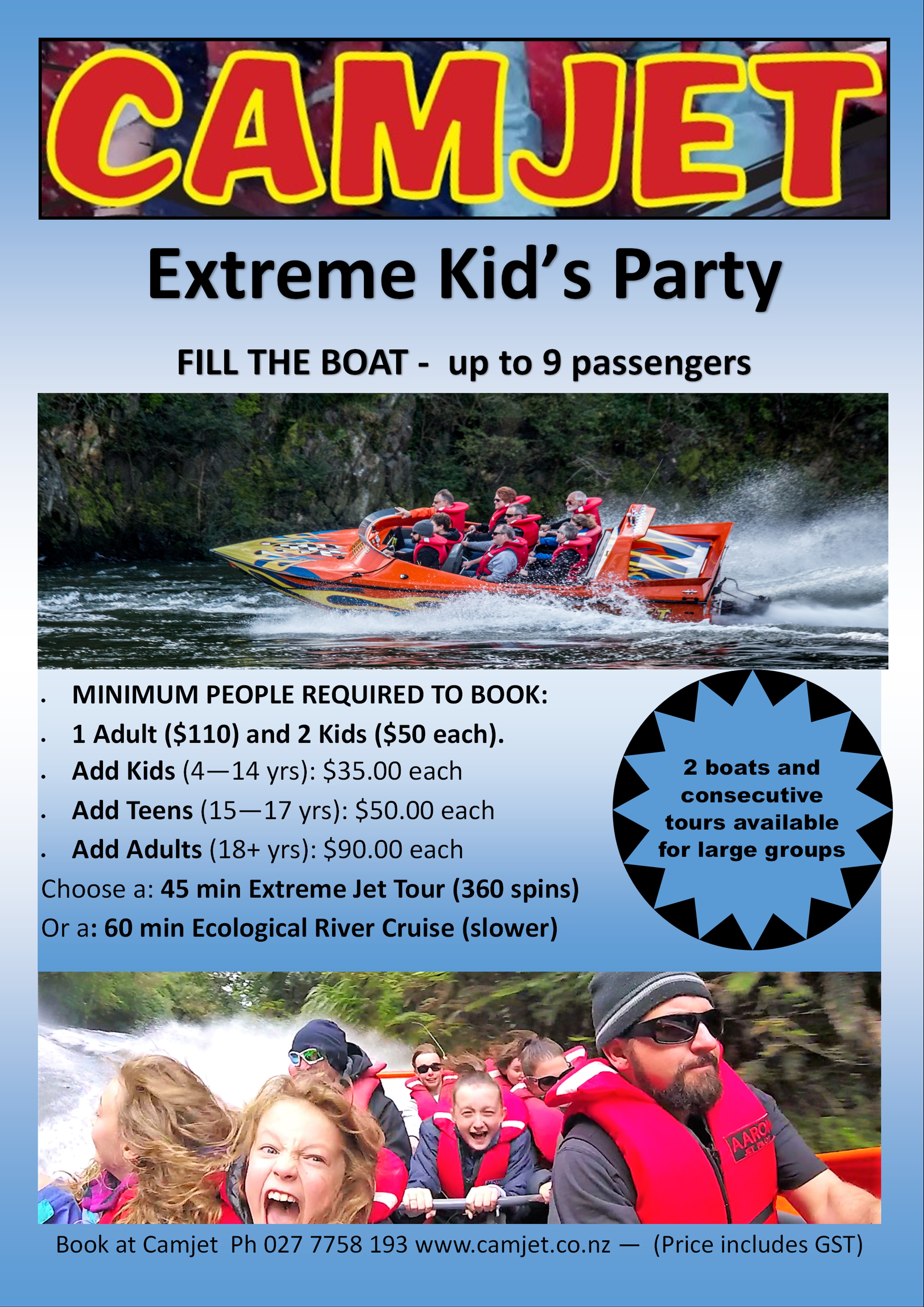Camjet extreme kids party poster with Camjet boats with kids on them