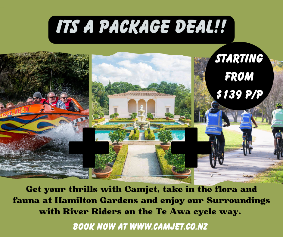 Hamilton Gardens jet boat and electric bike combo poster from $139.00 per person.