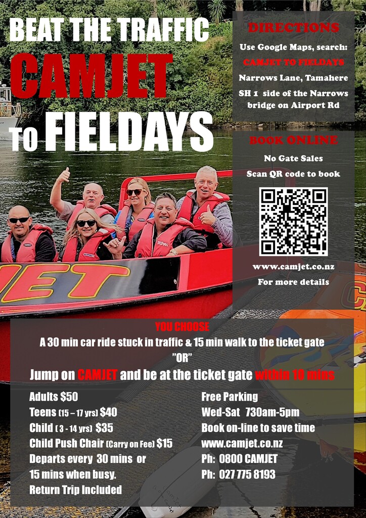 Beat the Traffic to Fieldays 2026 poster - all information - photo of two boats and QR code for booking link.