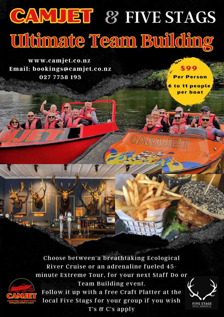 Camjet & Five Stags Ultimate Team Building poster - Two jet boats and five stages bar in picture showing a meal with burger and chips.
